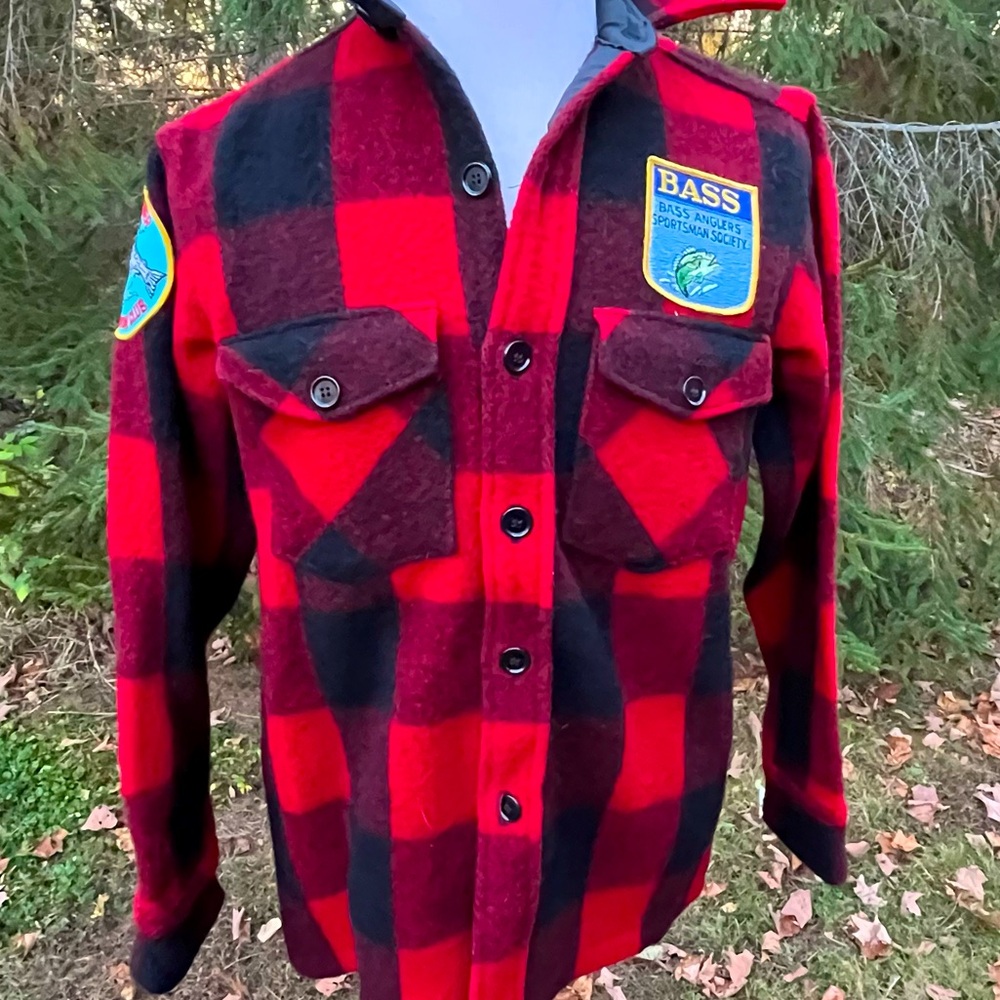 LL Bean buffalo check wool jacket with game patches size medium